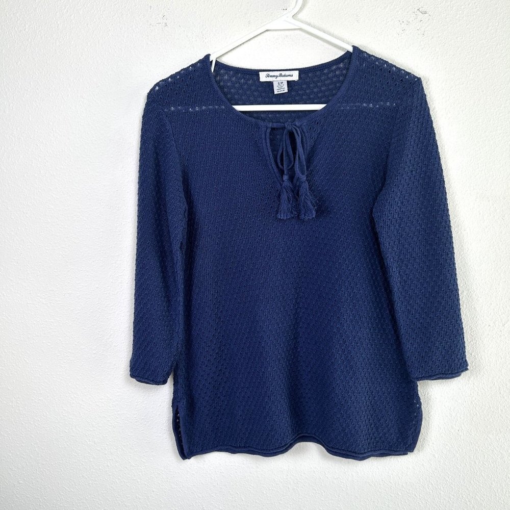 Tommy Bahama Knit Sweater Womens Size S Navy Lightweight 3/4 Sleeve Linen Tassel